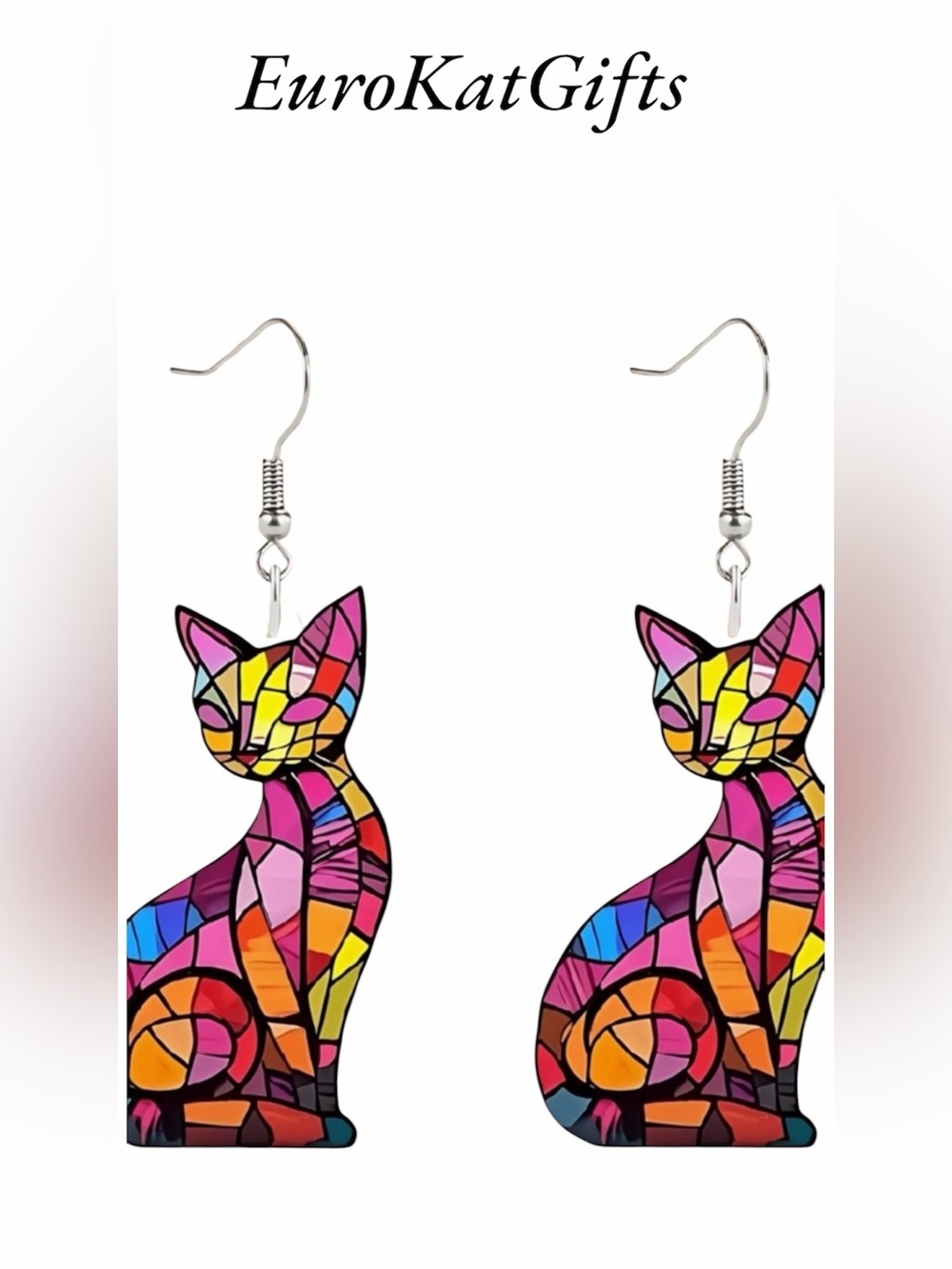Colorful Stained Glass Cat Dangle Earrings - Multicolor NEW NWT